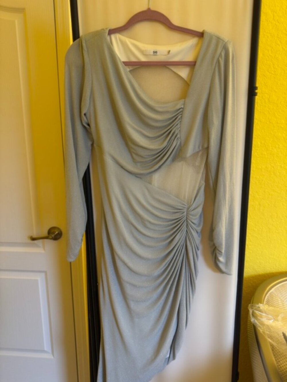 SHO Silver/Sage Metallic Ruched Long Sleeve Mini Dress w/ Cutout Back